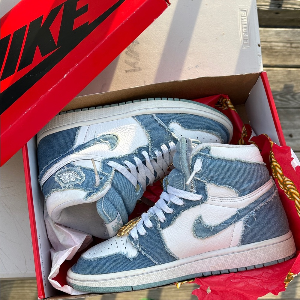 Nike High-Top Sneakers in White & Light Blue Denim - Picture 5 of 5